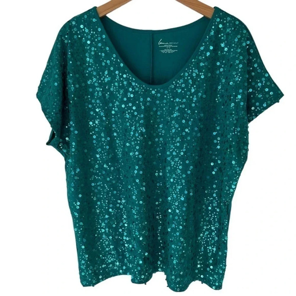 Lane Bryant 14/16 green sequined front short sleeve top‎ - Picture 1 of 5